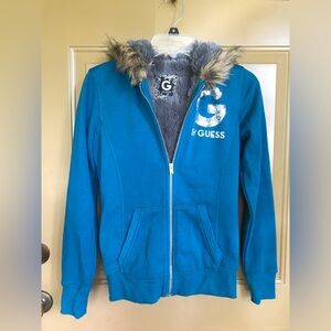 G by Guess teal faux fur lined hoodie